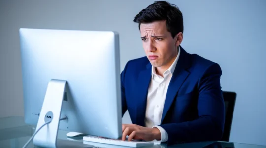 Une personne devant un écran d'ordinateur montrant une structure d'URL complexe avec des symboles d'alerte