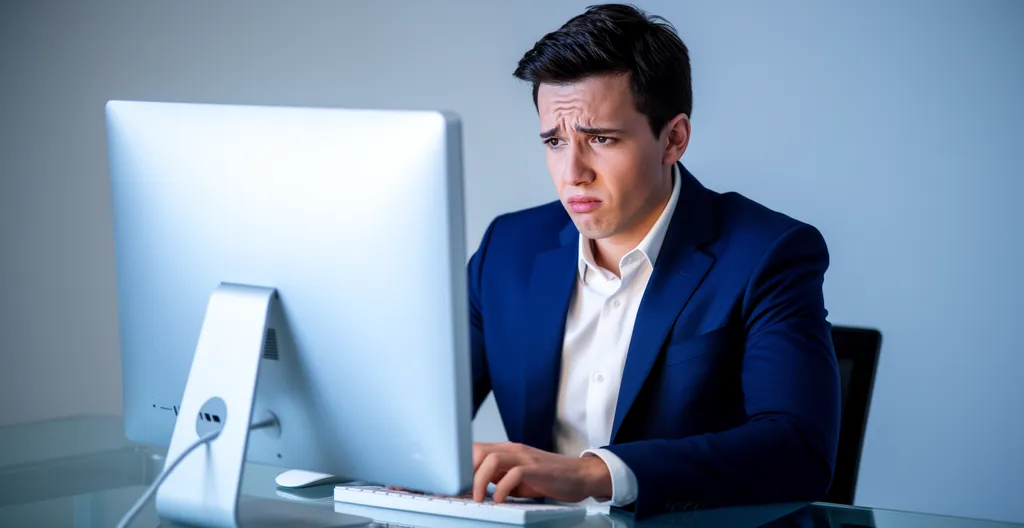 Une personne devant un écran d'ordinateur montrant une structure d'URL complexe avec des symboles d'alerte