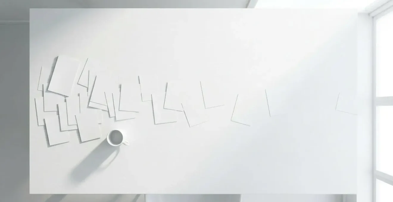 Vue aérienne minimaliste d'un espace de travail épuré avec ombres géométriques