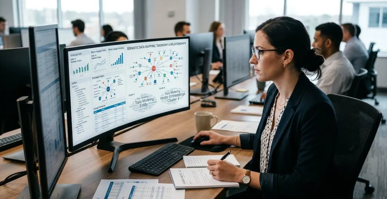 Professionnel analysant des données sémantiques sur un écran avec concentration