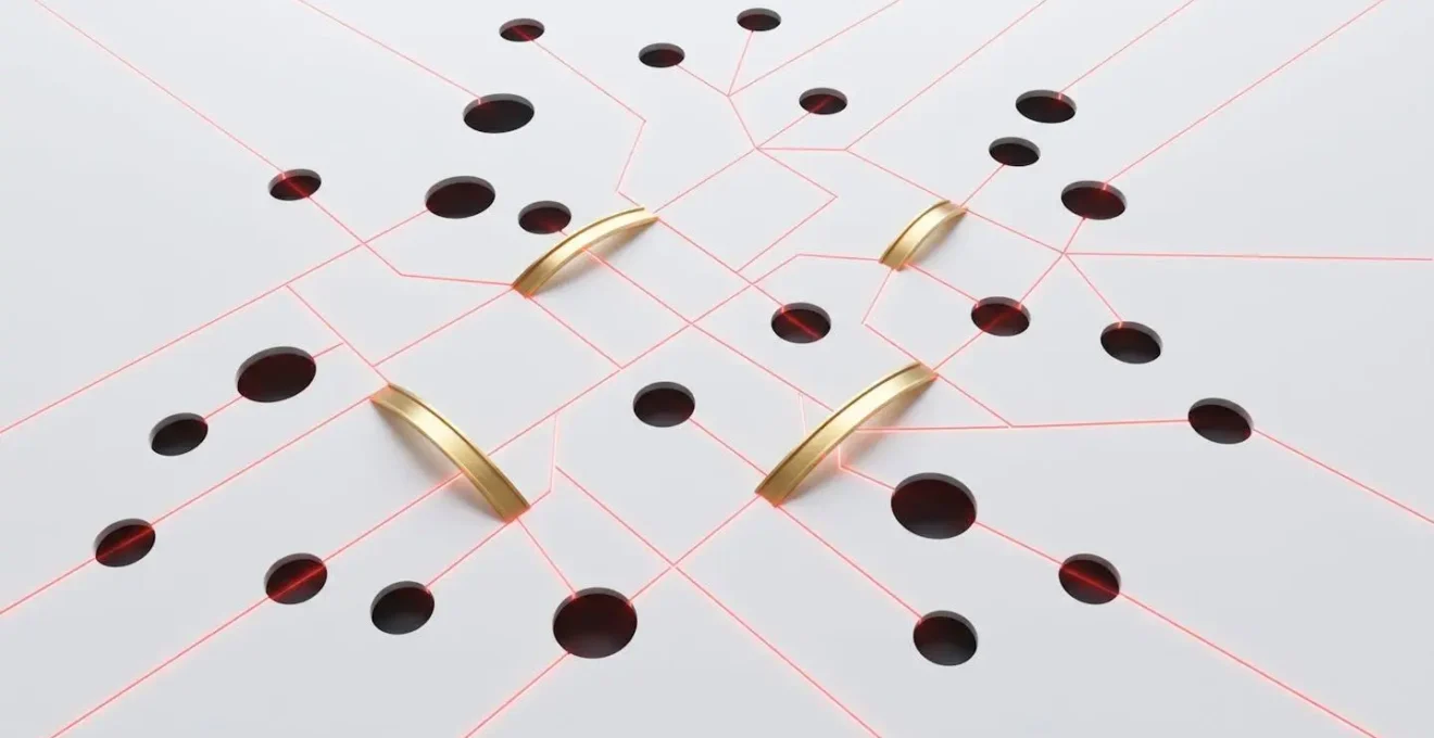 Vue aérienne minimaliste d'un réseau de connexions avec des points de rupture symbolisant les erreurs 404