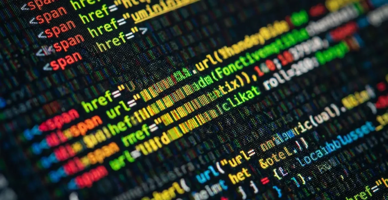 Vue macro détaillée de lignes de code avec indicateurs colorés d'erreurs et de corrections
