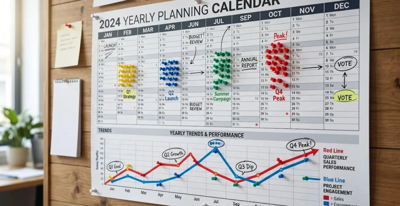 Calendrier mural avec épingles colorées marquant différentes périodes de l'année et courbes de tendance