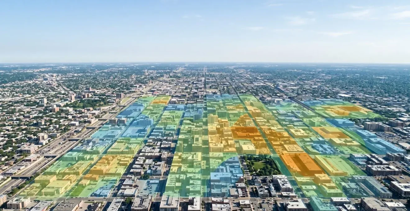 Vue aérienne d'une ville avec points de géolocalisation colorés indiquant différentes zones de recherche