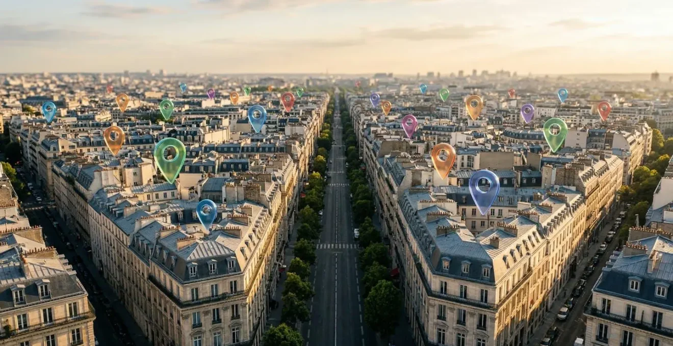 Vue aérienne d'un quartier urbain avec épingles de localisation colorées flottant au-dessus des bâtiments