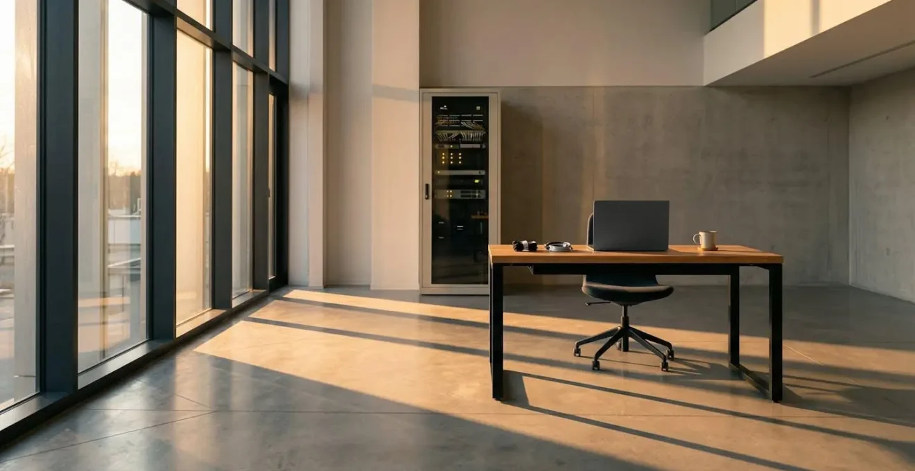 Espace de travail épuré avec éléments suggérant une transition technique