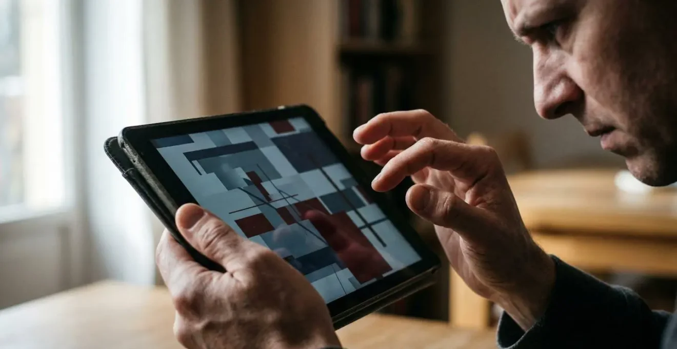 Mains d'utilisateur tentant d'interagir avec une interface instable sur tablette