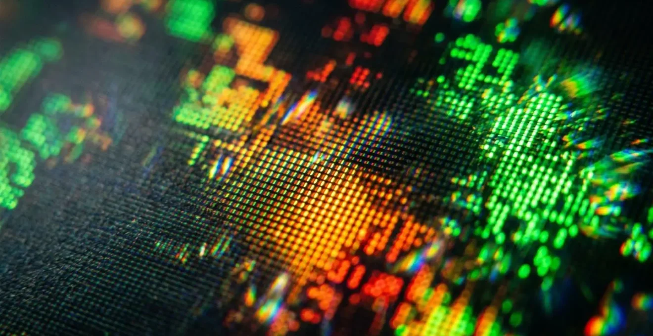 Vue macro d'une interface d'inspection avec indicateurs colorés abstraits