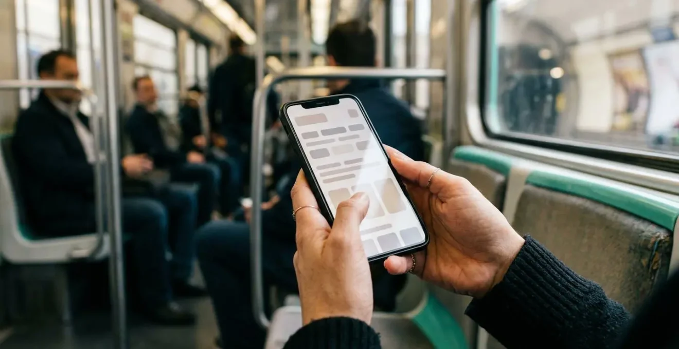 Mains tenant un smartphone avec des blocs de texte bien espacés et une mise en page aérée