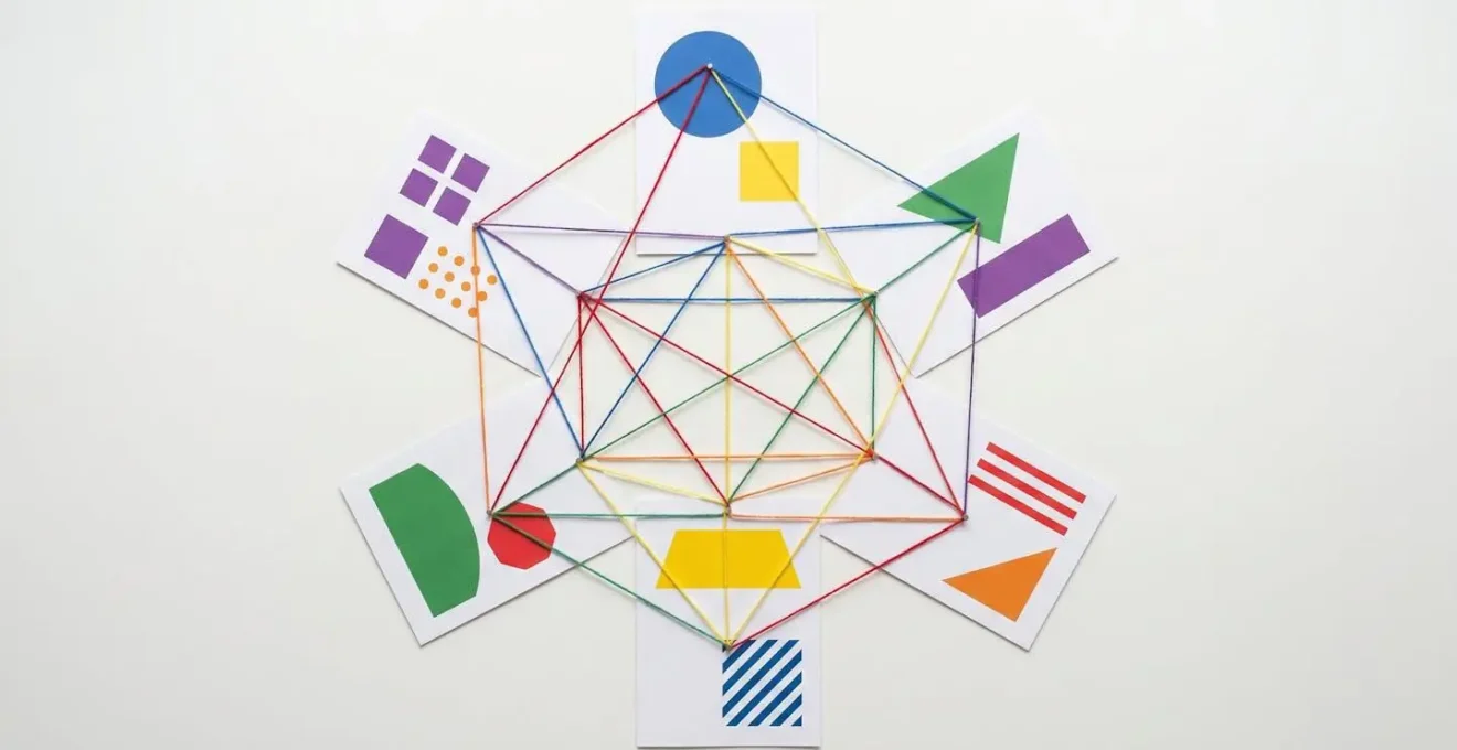 Vue aérienne minimaliste d'un bureau avec plusieurs documents papier disposés en réseau connecté