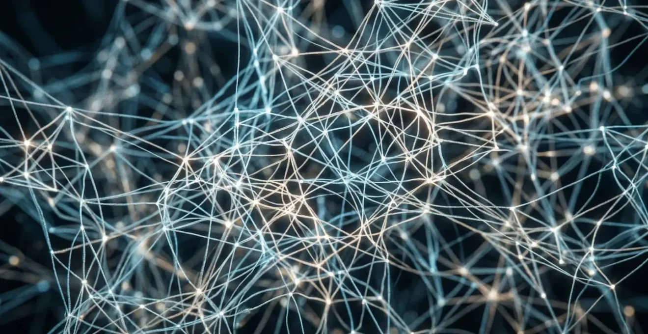 Vue macro d'une structure en réseau interconnecté symbolisant le maillage interne