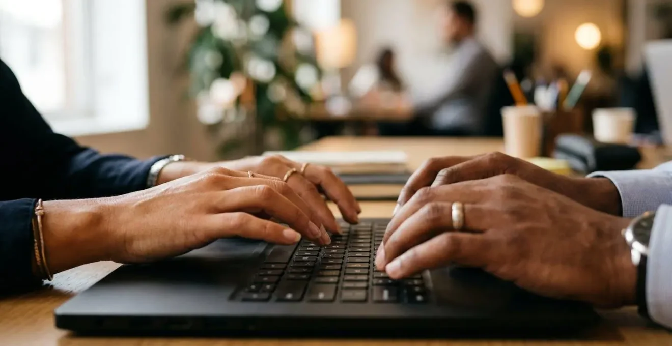 Gros plan sur des mains tapant sur un clavier d'ordinateur portable avec effet de profondeur de champ