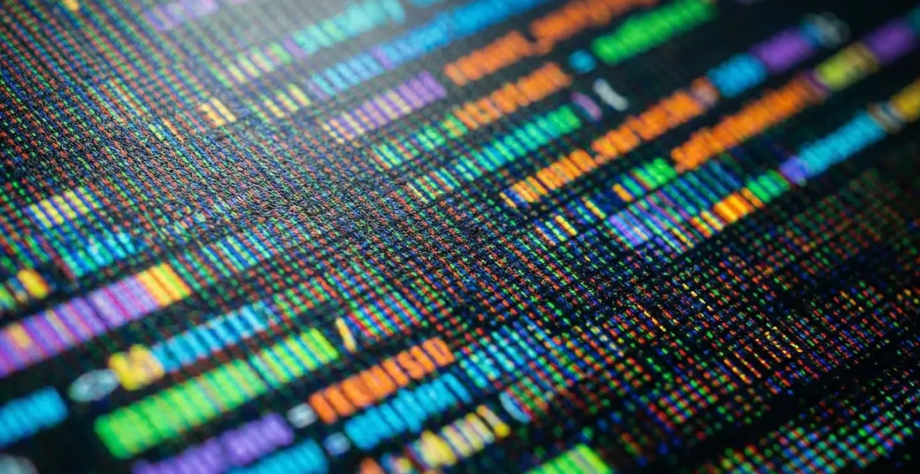 Gros plan macro sur un écran d'ordinateur montrant des lignes de code structuré avec des balises HTML floues en arrière-plan