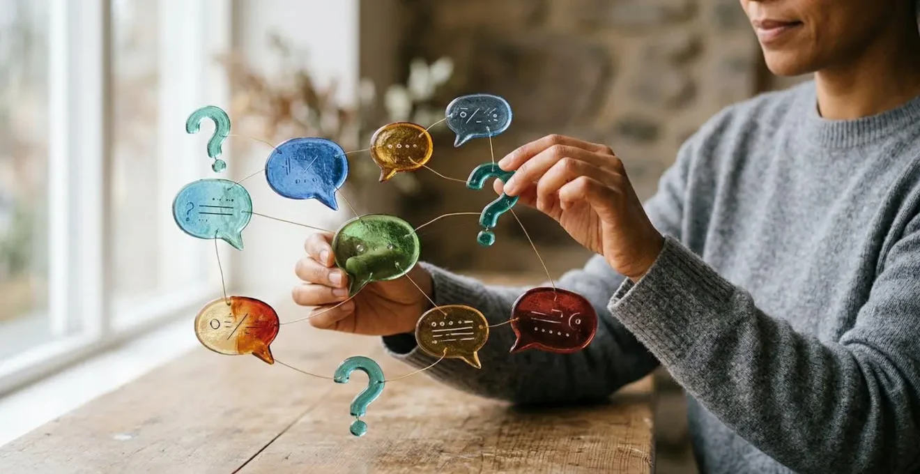 Réseau de bulles de questions interconnectées flottant dans un espace minimaliste