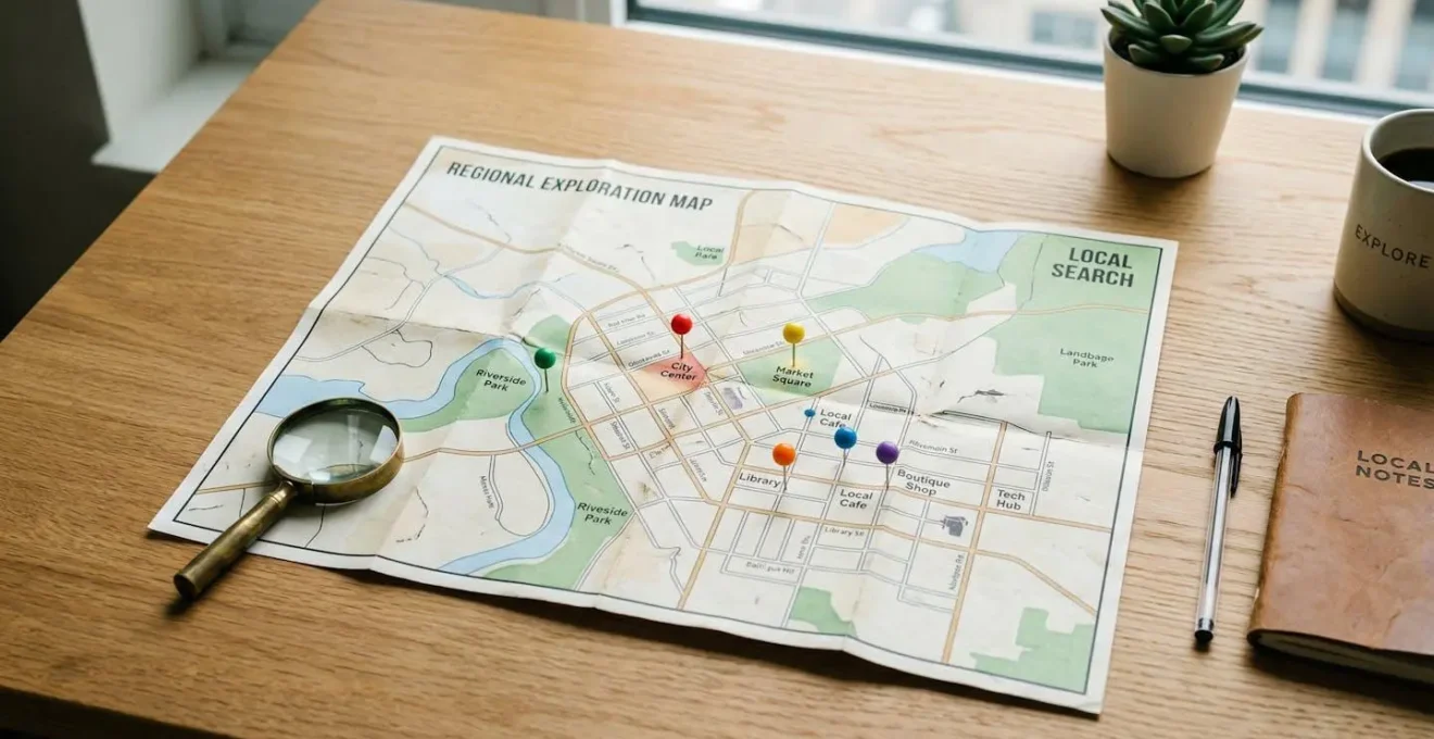 Vue minimaliste d'un bureau avec une carte papier dépliée et des épingles colorées, évoquant la recherche locale