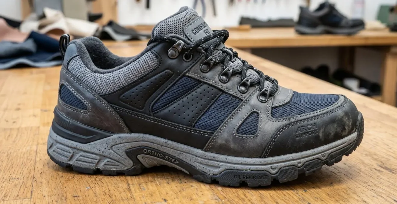 Vue macro d'une chaussure orthopédique détaillée avec textures et matériaux spécialisés visibles