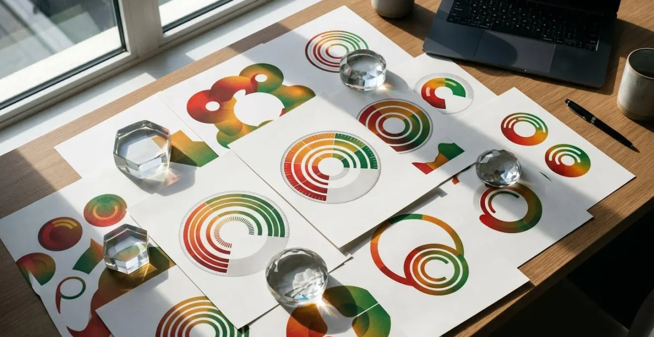 Vue en plongée d'un bureau avec graphiques circulaires et indicateurs colorés sur papier
