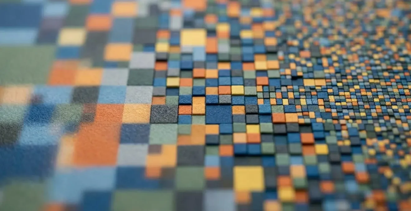 Vue macro détaillée de pixels formant progressivement une image, illustrant le chargement progressif