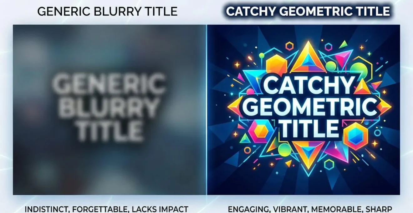 Comparaison visuelle entre un titre générique flou et un titre accrocheur représenté par des formes géométriques lumineuses