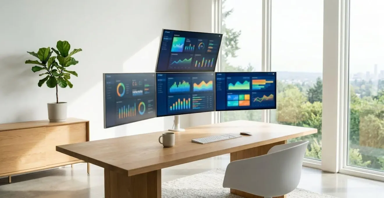 Bureau moderne minimaliste avec plusieurs écrans affichant des graphiques colorés vus de côté dans un environnement épuré